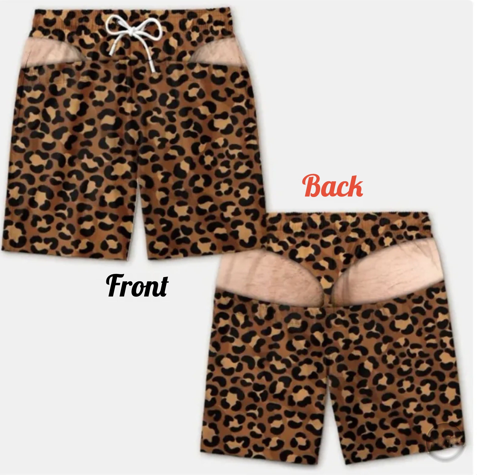 Trunk Junkie swim trunks, Full Leopard print, front and back
