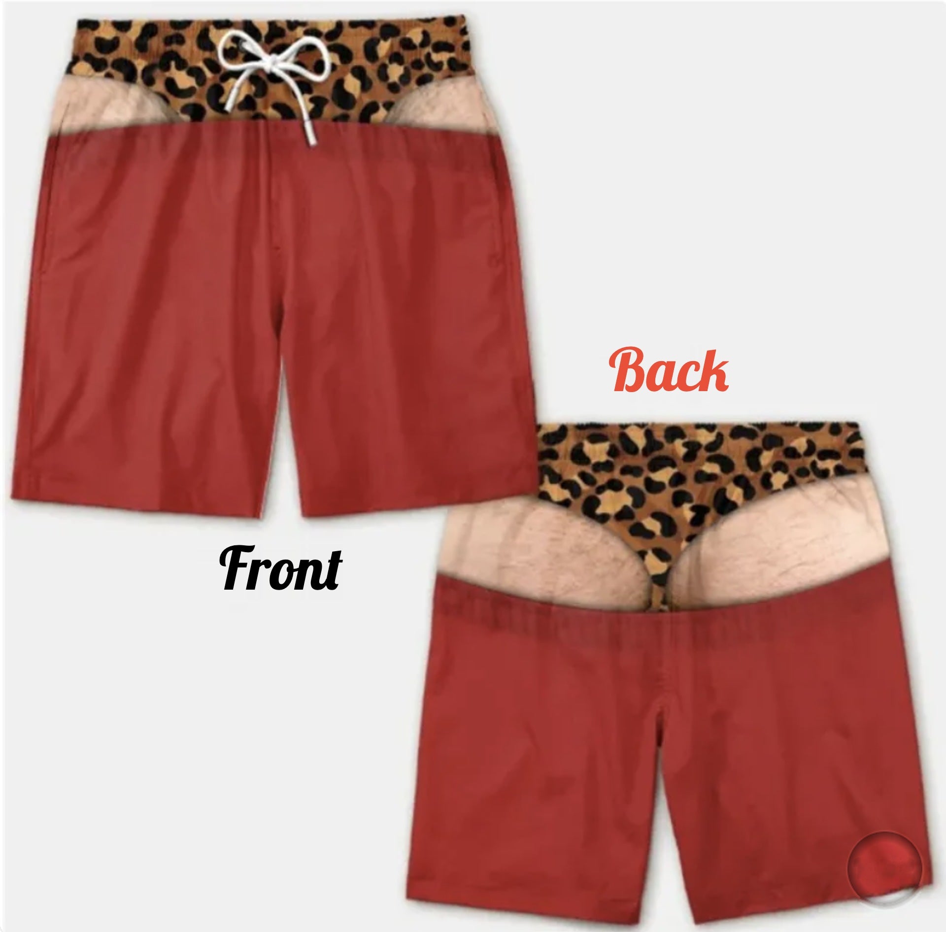 Trunk Junkie swim trunks, Solid Red with leopard waistband, front and back