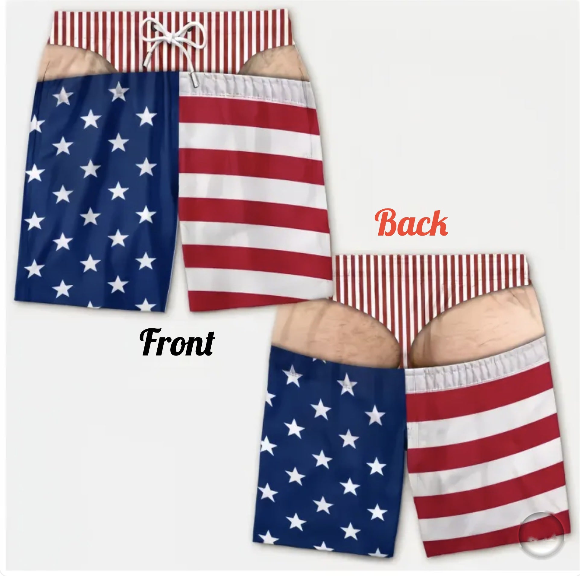 Trunk Junkie swim trunks, Stars and Stripes print with red stripe waistband, front and back