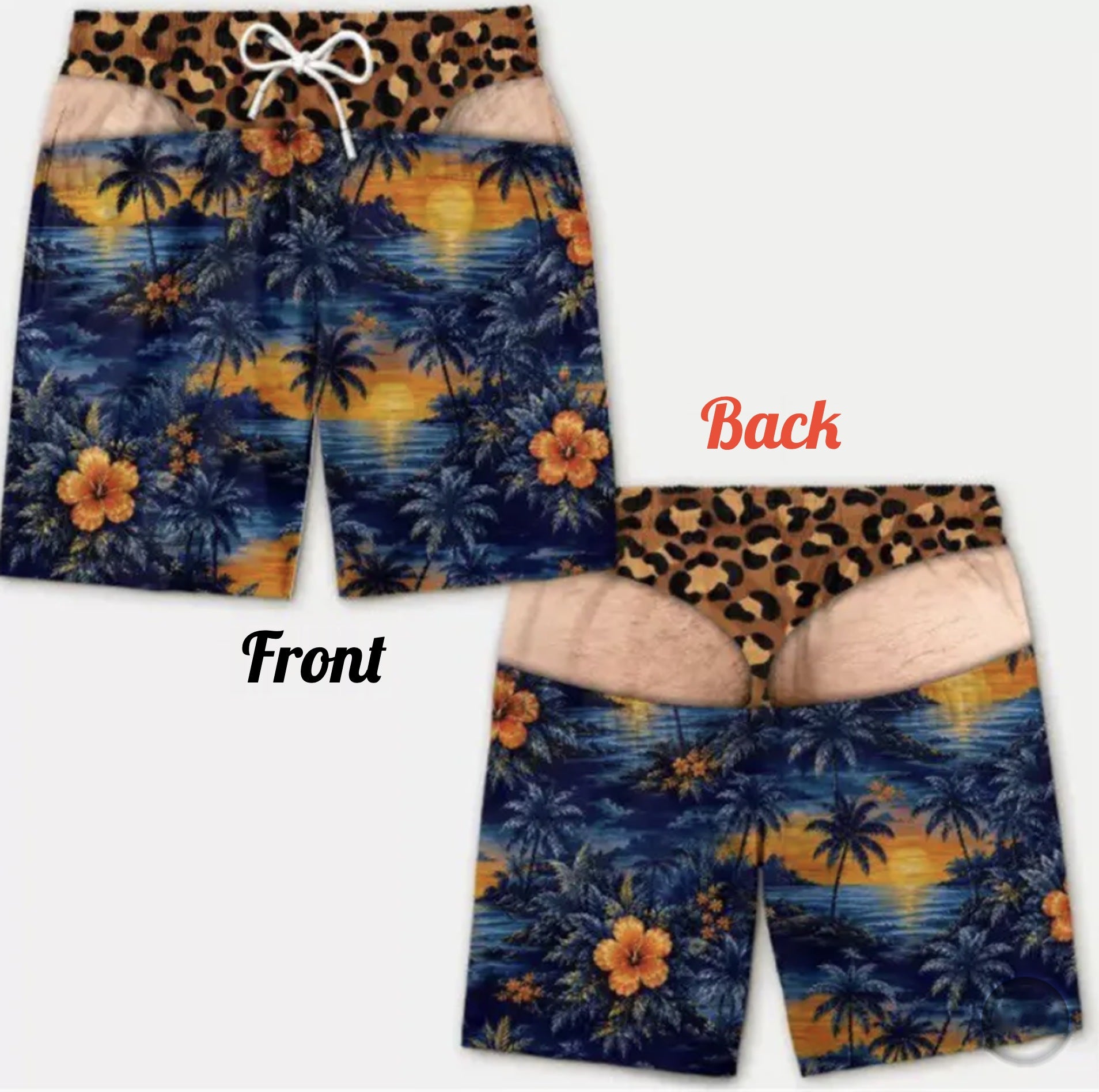 Trunk Junkie swim trunks, Sunset Palms print with leopard waistband, front and back