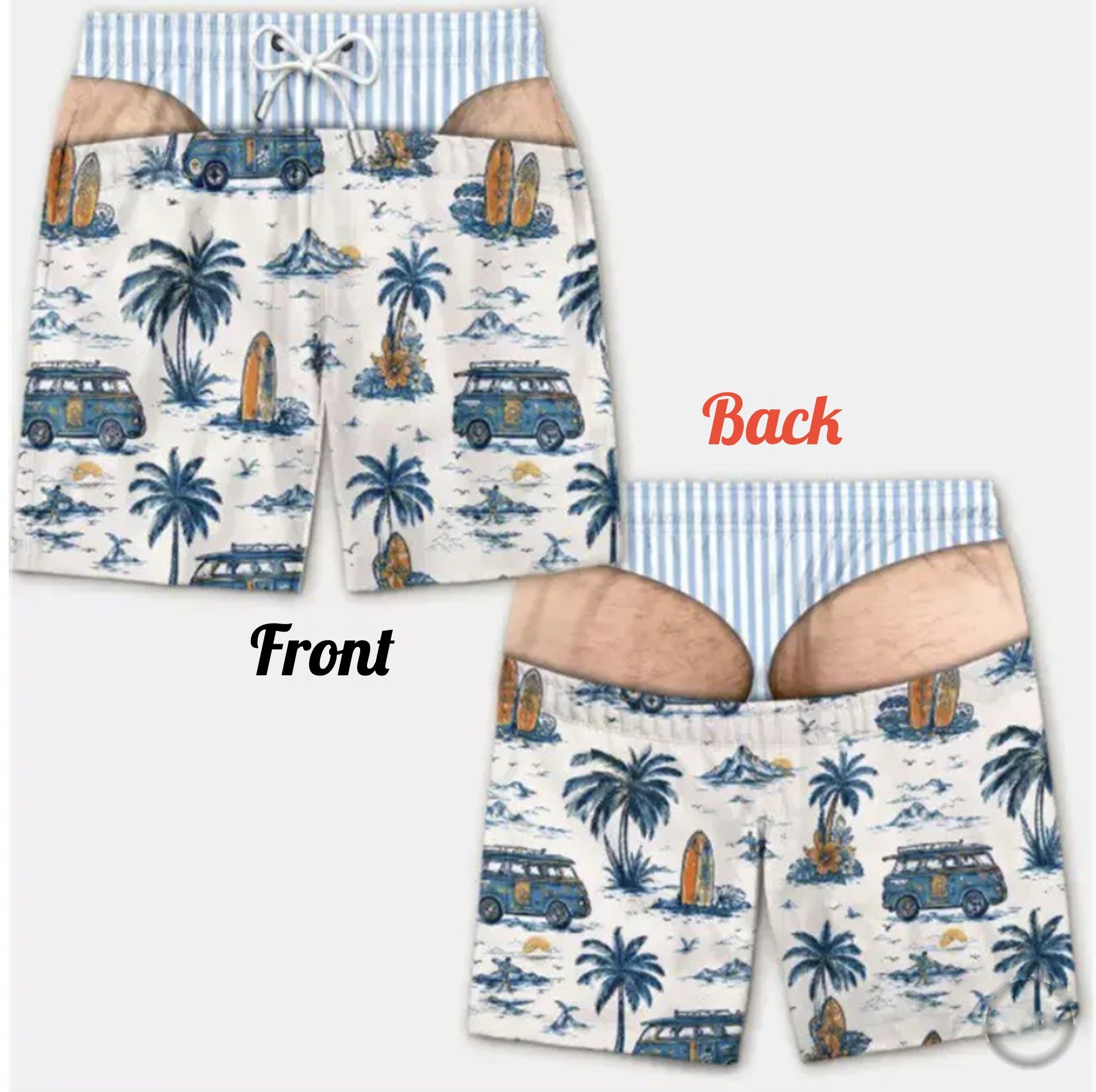 Trunk Junkie swim trunks, Surf Van print with blue stripe waistband, front and back
